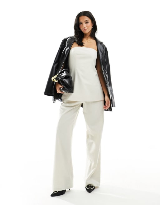 4th & Reckless Petite exclusive tailored top and wide leg trousers co-ord in cre