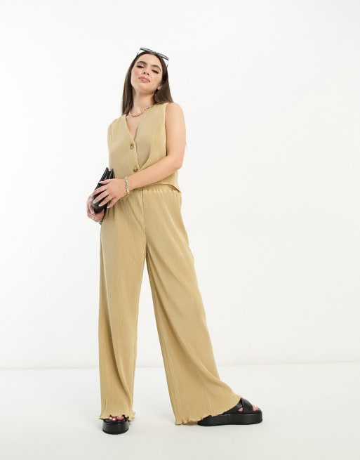 4th & Reckless Petite plisse waiscoat and trouser co-ord in camel