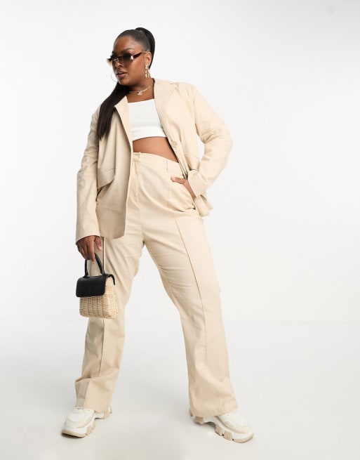 4th & Reckless Plus linen tailored blazer and trouser co-ord in stone ...