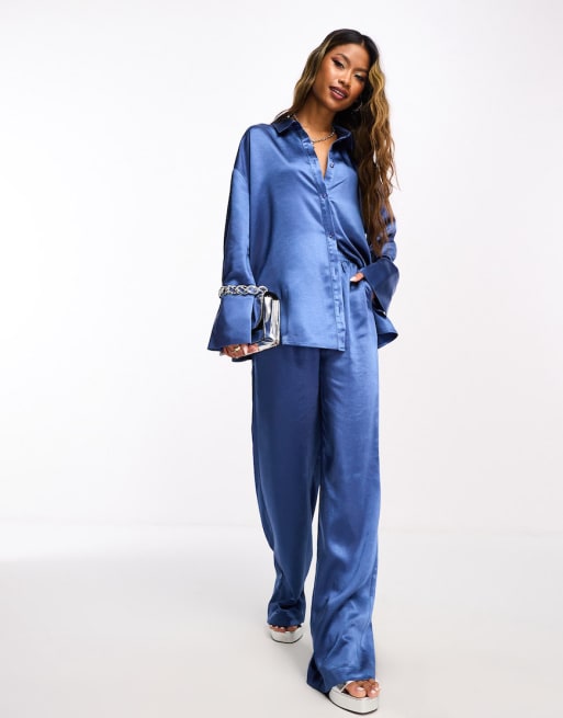 4th & Reckless satin oversized shirt and pants set in blue