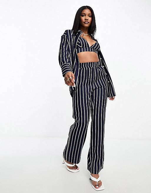 4th & Reckless stripe bralette, shirt and trouser co-ord in navy | ASOS