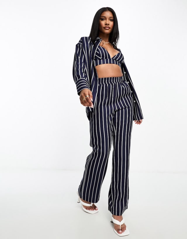 4th & Reckless - stripe bralette, shirt and trouser co-ord in navy