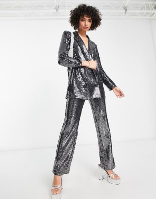 4th & Reckless Tall sequin tailored blazer and pant set in silver