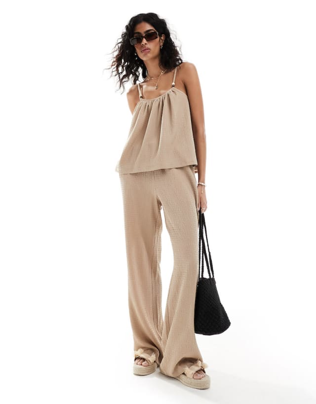 4th & Reckless - textured cami top and wide leg trouser co-ord in light brown