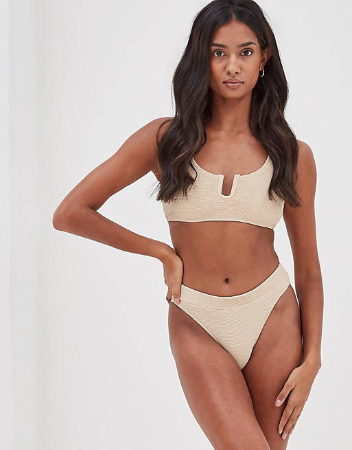 4th + Reckless textured crop bikini set in beige