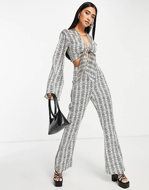 4th & Reckless tie front satin shirt co-ord in zebra print - MULTI