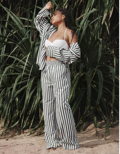 4th & Reckless x Loz Vassallo - Rio - Coordinato oversize da spiaggia in lino verde a righe - view 1