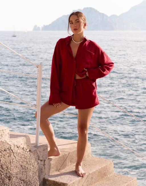 4th & Reckless x Luana Barron – Barron – Strand-Set aus Leinen in Kirschrot