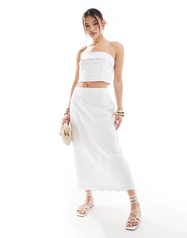 Abercrombie & Fitch - co-ord linen scallop edged top and midi skirt in white