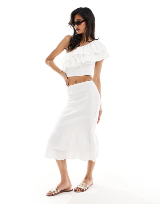 Abercrombie & Fitch one shoulder ruffle top and midi skirt set in white