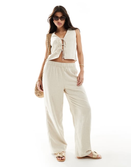  Abercrombie & Fitch tie front linen blend top and trousers in beige co-ord