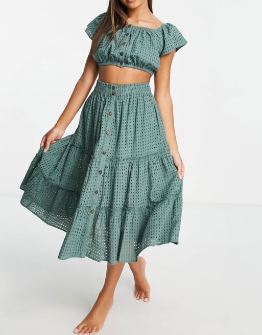Accessorize – Set in Khaki inklusive Oberteil mit kurzem Schnitt und Lochstickerei