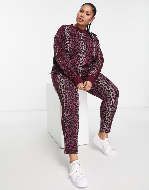 adidas Originals three stripe leopard print leggings in burgundy