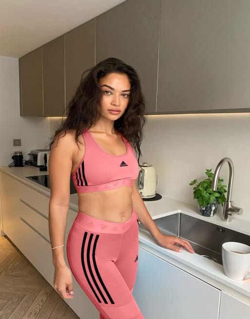 adidas Training 3 stripe leggings, bra and body suit co-ord in pink