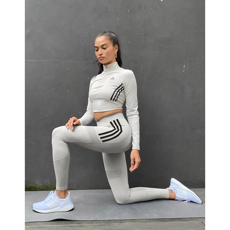 adidas Training 3 stripe leggings bra and long sleeve crop top in