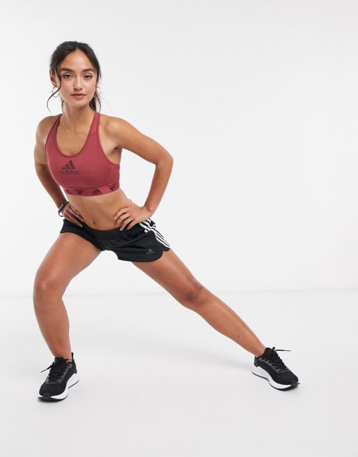 adidas Training bra and leggings in burgundy with logo taping