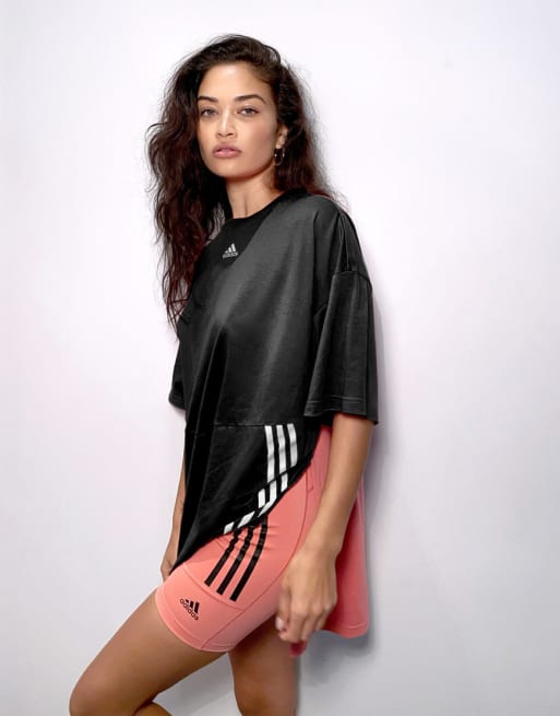 adidas Training – Czarny zestaw z 3 paskami: T-shirt oversize i szorty