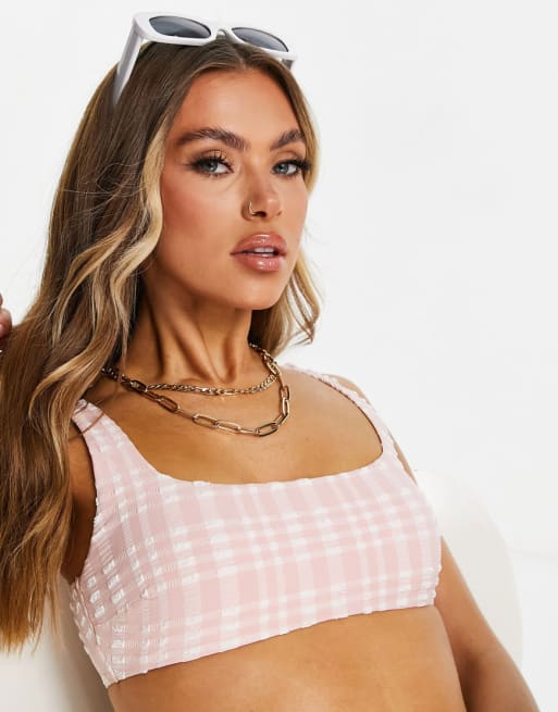 Aerie co-ord scoop bikini top and high cut bottoms set in pink plaid