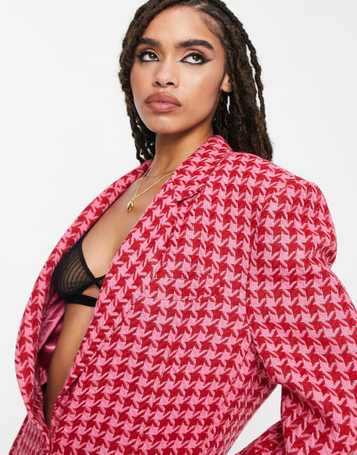 AFRM herringbone jacket and skirt set in pink & red ASOS