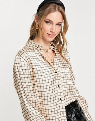Aligne satin shirt and trouser co-ord in cream check