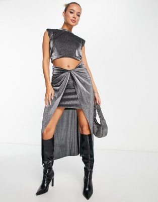 AllSaints Sami metallic midi skirt and tank top set in gunmetal