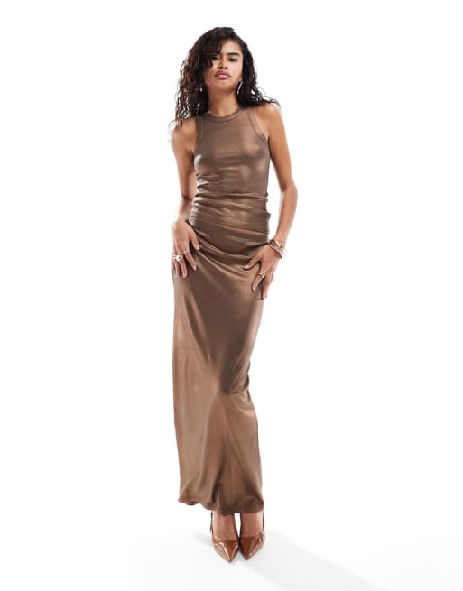Amy Lynn soft stretch foil vest and skirt in coffee co-ord