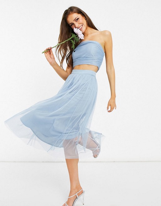 Anaya With Love Bridesmaid tulle midi skirt co ord in soft blue