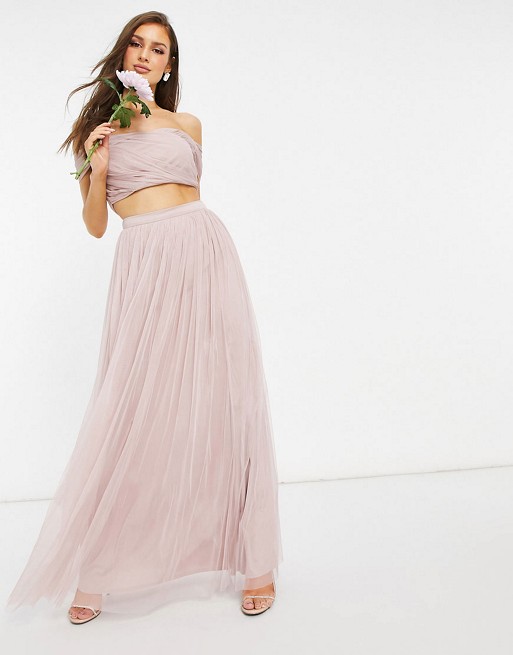 Anaya With Love Bridesmaid tulle off shoulder wrap detail crop top co ord in pink