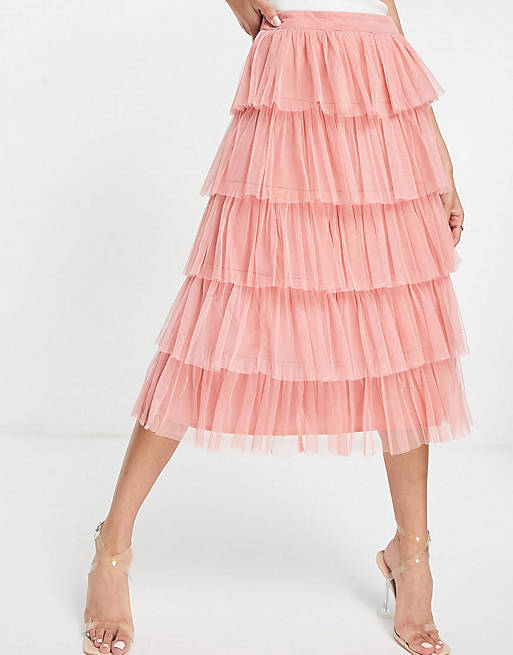 Anaya With Love tiered ruffle midi skirt in coral co-ord