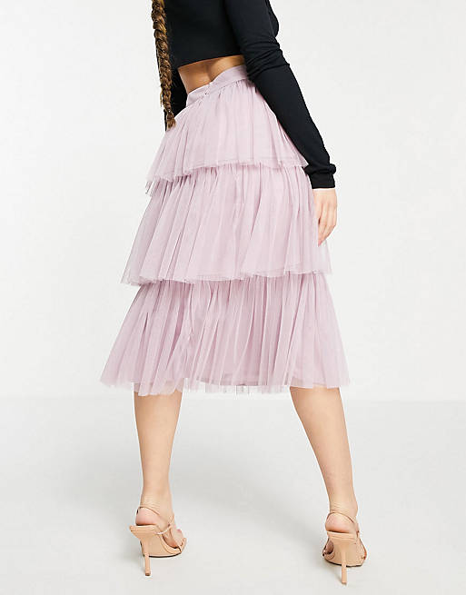 Anaya With Love strapless corset top and tiered ruffle midi skirt co-ord in lila