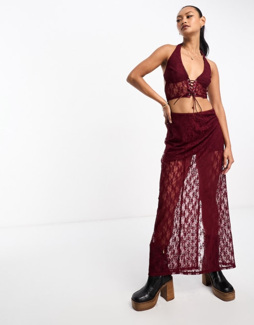 Burgundy skirt shop and top set