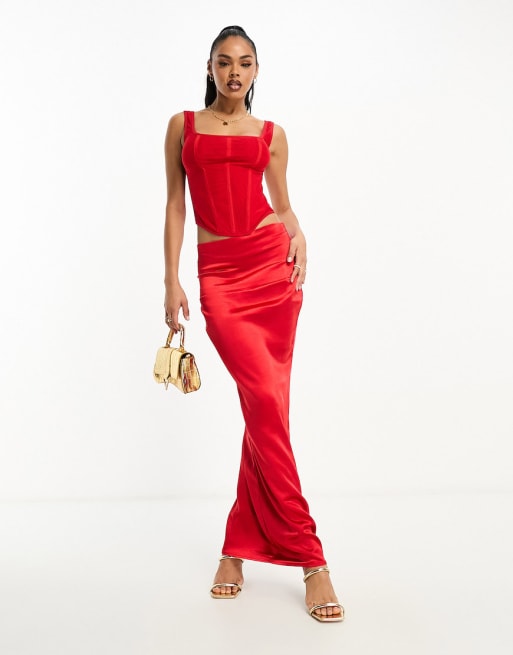 Aria Cove corset top and fishtail maxi skirt set in red