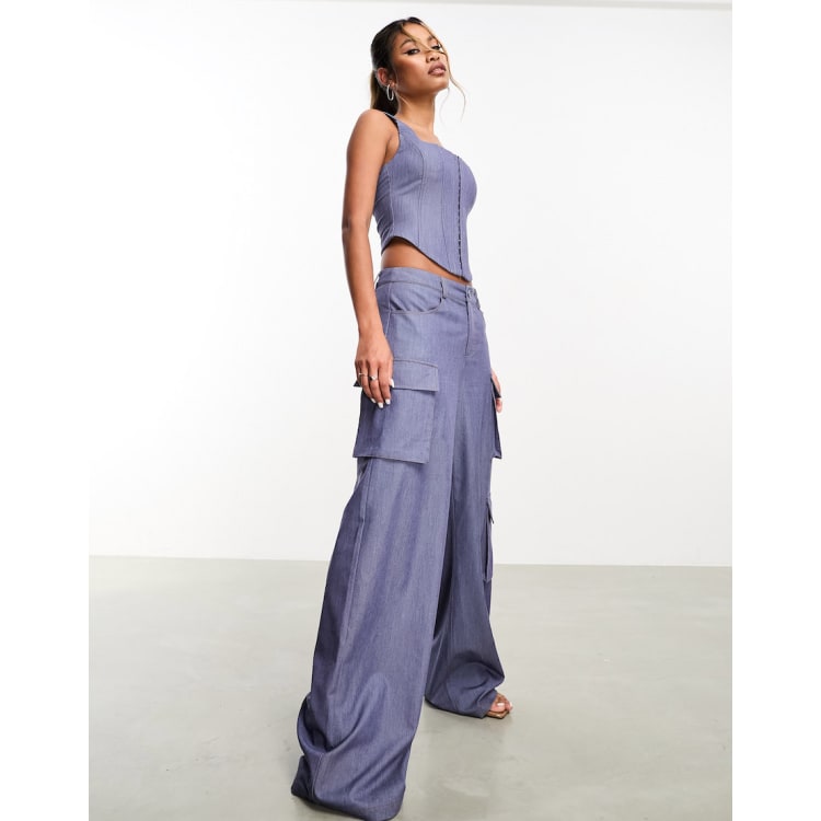 Aria Cove denim look corset top and wide leg pants set in blue