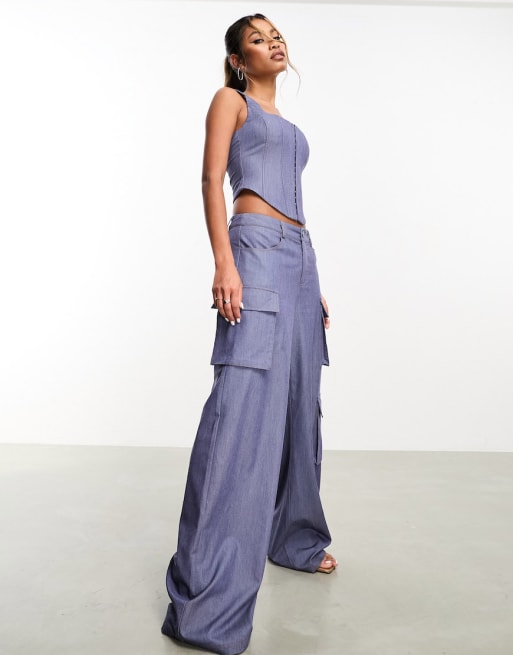 Aria Cove denim look corset top and wide leg pants set in blue