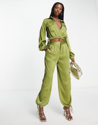 Aria Cove satin cropped shirt & jogger co-ord in olive | ASOS