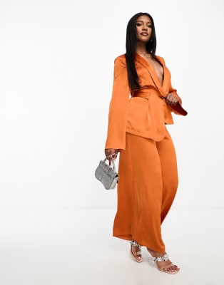 Aria Cove satin shirt and palazzo trousers co-ord in rust