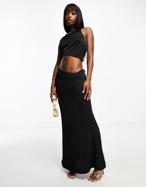 Aria Cove satin top and asymmetric maxi skirt co-ord in black