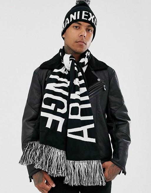 Armani Exchange logo bobble beanie & scarf set in black