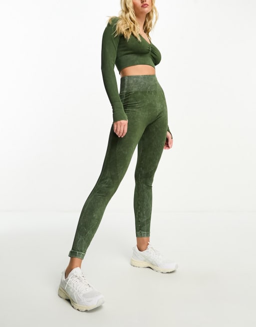 ASOS 4505 seamless ruched legging acid wash long sleeve in khaki