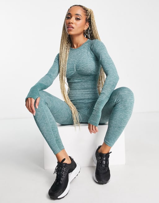 ASOS 4505 Seamless sculpting long sleeve ruched short and vest in mid green