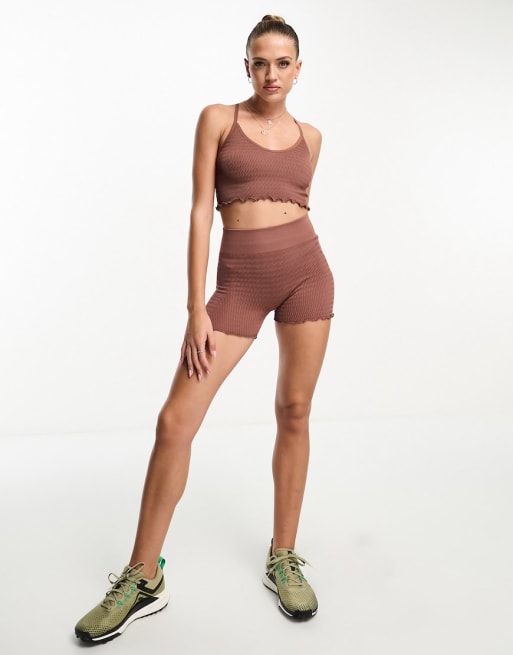 ASOS 4505 seamless yoga cami and booty short lettuce edge in brown