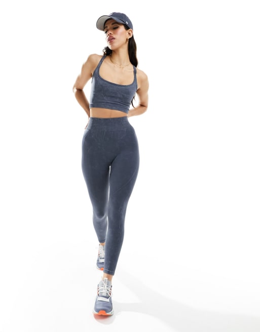 Dark Blue Acid Wash Seamless Ribbed Sports Bra