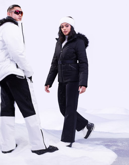 Black and 2025 white ski outfit