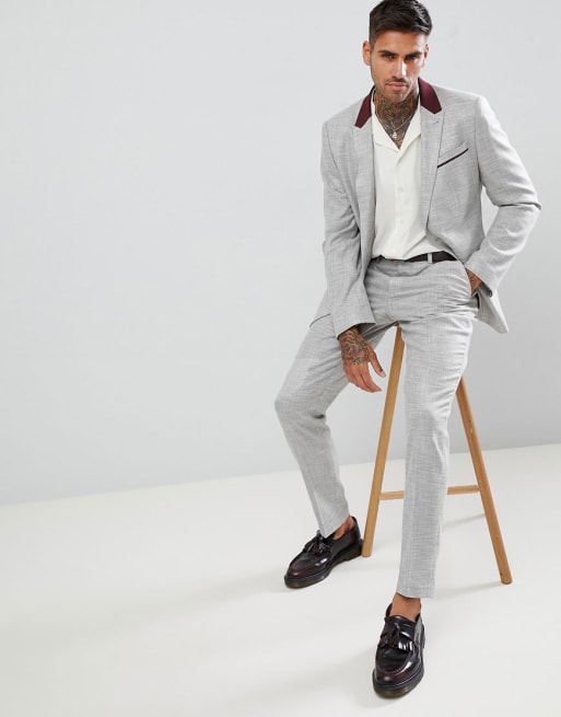 ASOS - Costume slim - Gris clair texturé avec doublure à fleurs
