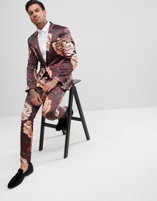 ASOS - Costume super slim en satinette à fleurs - Bordeaux 