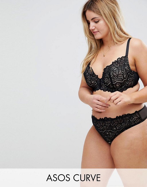 ASOS CURVE Amelia Paisley Lace Padded Underwire Bra Set in Black