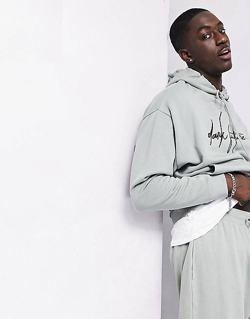 ASOS Dark Future oversized hoodie in grey with logo print