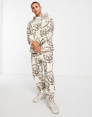 ASOS Dark Future co-ord oversized hoodie in teddy borg with all over skull print in ecru