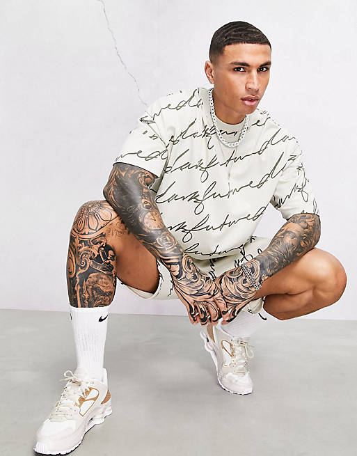 ASOS Dark Future co-ord oversized all over logo print t-shirt in neutral