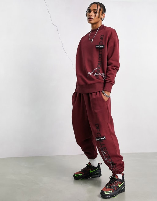 Asos Dark Future Co Ord With Multiple Logos In Burgundy Asos